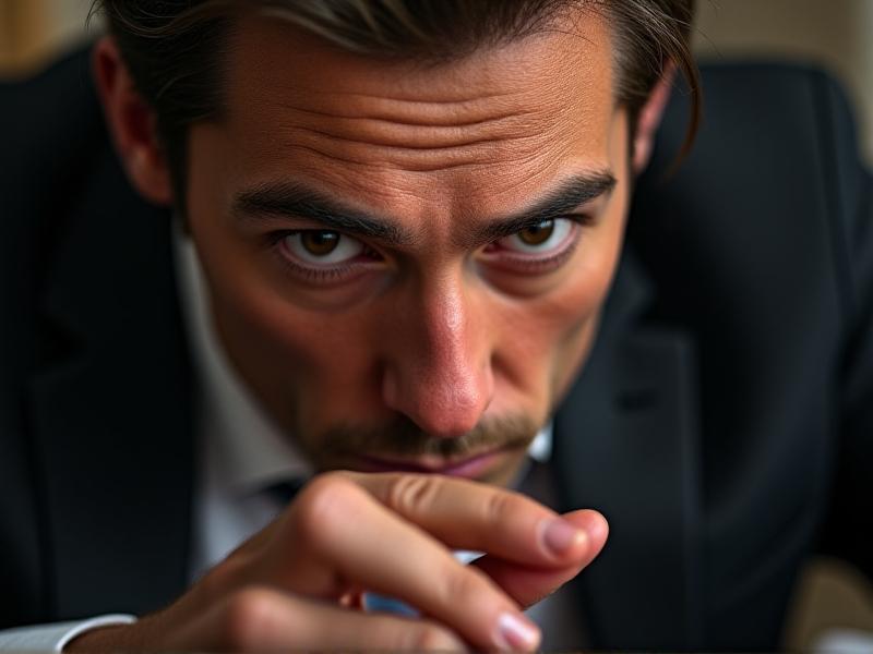 A close-up of a bidder's tense expression, with furrowed brows and gripping a paddle, under dramatic lighting that casts sharp shadows, conveying high-stakes decision-making pressure. The style is hyper-realistic, with muted colors and a shallow depth of field focusing on the bidder's eyes.