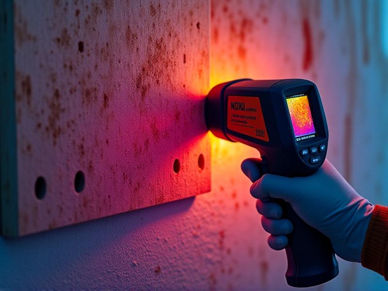 A collage of mold detection tools: a handheld thermal camera displaying a color-coded wall scan, a moisture meter with probe pins pressed against wood, and a petri dish with mold culture. Warm and cool tones contrast in a clean, modern workspace.