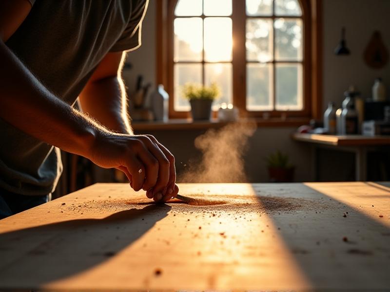 A craftsman’s hands brushing coffee stain onto a raw pine board, with droplets of liquid capturing mid-splash. Sunlight streams through a workshop window, highlighting the wood’s rising grain and the stain’s gradual absorption.