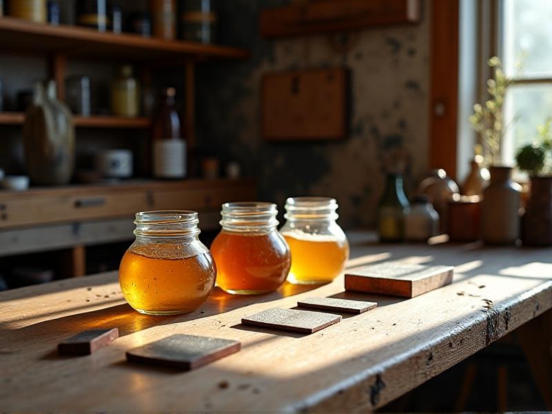 A neatly arranged workspace with glass jars of vinegar, salt shakers, steel wool, and metal samples in various rust stages. The composition features warm amber tones and natural light streaming across a weathered wooden table, emphasizing a hands-on, DIY aesthetic.