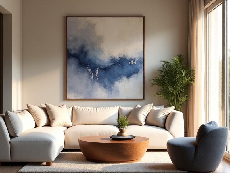 A sunlit living room with ivory linen sofas, a slender walnut coffee table, and a large abstract painting in muted blues. Sheer curtains diffuse midday light, casting soft gradients across clean lines and organic textures.