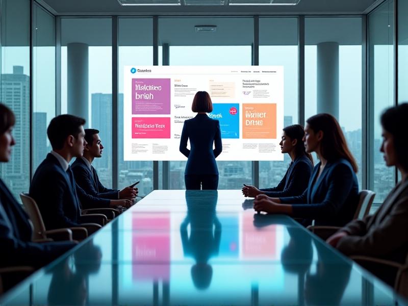 A confident designer presents a color-blocked proposal to engaged clients around a glass conference table. The room features floor-to-ceiling windows, modernist decor, and a presentation screen displaying a vibrant branding concept with typography and iconography explorations.