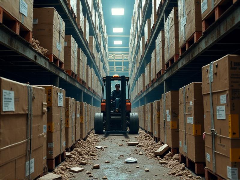 A cluttered warehouse aisle with mislabeled boxes, overturned pallets, and a forklift stuck in a narrow pathway. Dim lighting casts shadows, emphasizing disorganization. The style is photorealistic with a tense, chaotic mood.