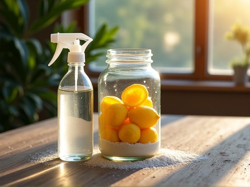 Glass jar filled with baking soda and lemon slices beside a spray bottle of vinegar solution on a reclaimed wood table. Soft morning light creates a clean, fresh aesthetic. Keywords: natural wood deodorizers, baking soda, citrus cleaning.
