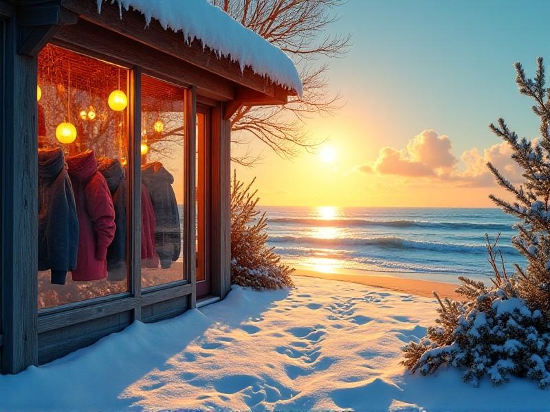 A split-screen graphic contrasting a cozy winter apparel store with a sunny beachside café, highlighting how different industries peak during opposing seasons, rendered in contrasting warm and cool tones.