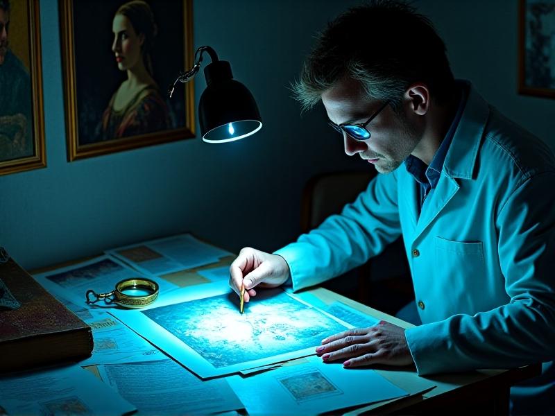 A forensic expert examines a forged painting under a magnifying lamp, revealing discrepancies in pigment texture. X-ray images and spectral analysis reports lie scattered on a cluttered desk, with UV light exposing hidden layers beneath the canvas.