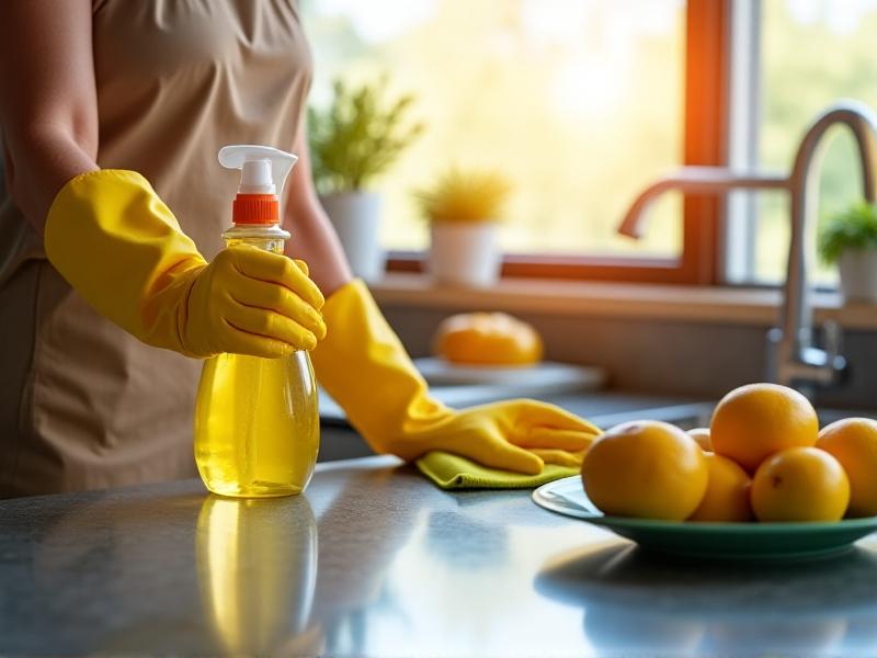 A person wearing yellow rubber gloves spraying a citrus cleaner on a kitchen sink, with fresh lemons and a reusable cloth nearby. Natural light streams through a window, highlighting safety gear and eco-conscious cleaning practices. The scene emphasizes practicality and environmental responsibility.