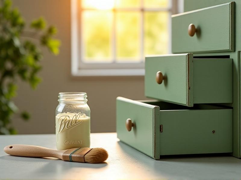 A mason jar filled with powdered milk paint next to a brush and freshly painted drawer fronts in sage green, bathed in warm sunlight. The image emphasizes sustainability, non-toxic materials, and a connection to natural living.