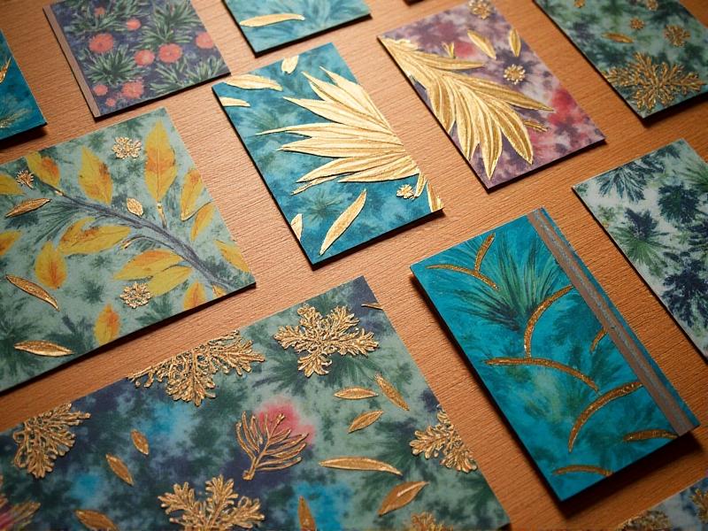 An array of decoupage papers spread across a table: tropical leaves, gold filigree, and watercolor stripes. The mix of organic and structured designs under soft studio lighting showcases contrast and thematic cohesion.
