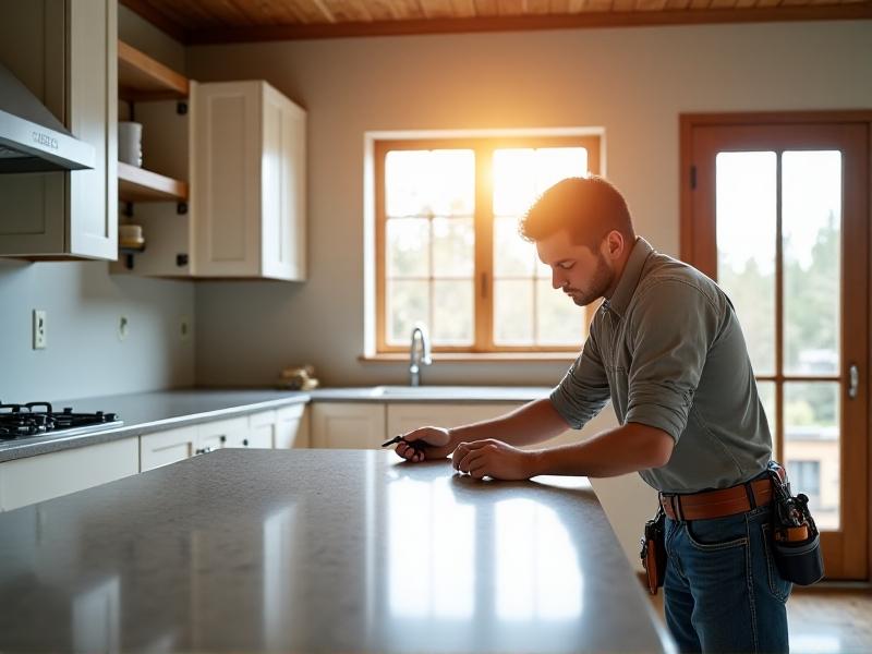 A half-renovated kitchen showing fresh white cabinets and a worker installing quartz countertops. Dust particles float in sunlight streaming through a window, capturing the transformation mid-process with a sense of dynamic progress.