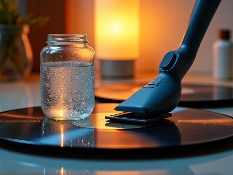 A collage of household items: a sparkling glass jar, a pristine vinyl record, and a polished oven door, each with a small steam cleaner hovering nearby. Warm ambient lighting creates a welcoming, productive atmosphere.