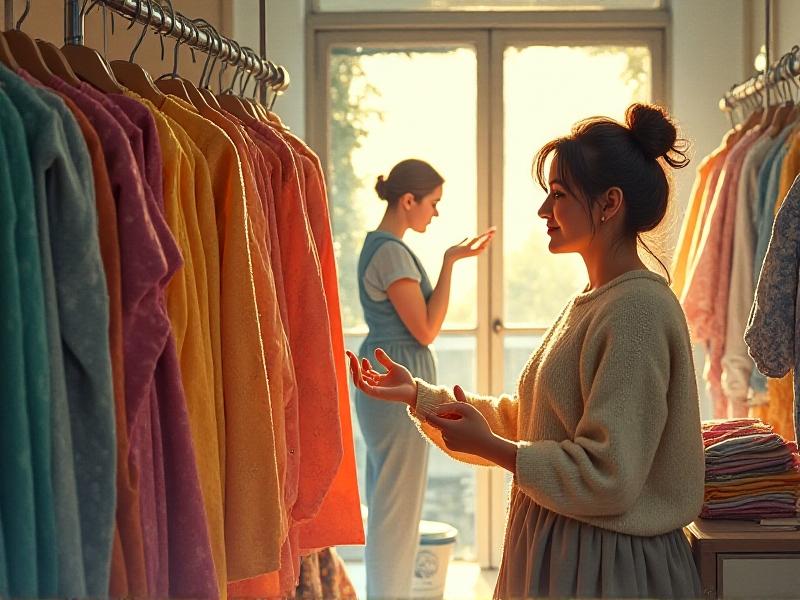 A middle-aged woman in a cozy sweater waves to a thrift store cashier organizing a rack of colorful 70s-era dresses, sunlight streaming through the front glass door, evoking familiarity and trust.
