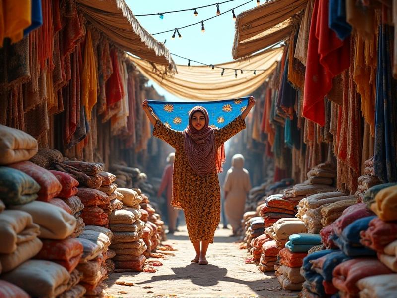 An eclectic fabric market stall overflowing with rolled bolts of linen, burlap, and jute. A vendor holds up a swatch of hand-block-printed cotton in azure and saffron hues, while shoppers examine faded kilim rugs and embroidered tapestries piled nearby. Overhead string lights cast warm glows on the vibrant scene.