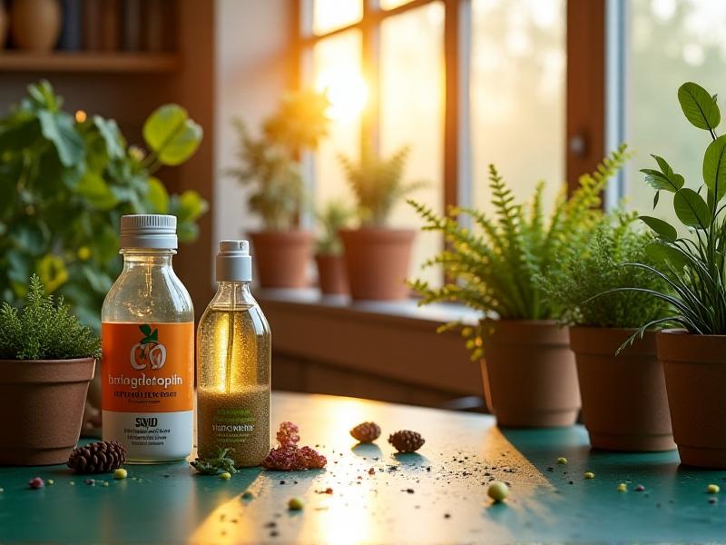 Sunlit workshop with reusable spray bottles and plant-based cleaning supplies arranged beside steel samples showing progressive rust stages, green recycled countertops, and potted plants, conveying an eco-conscious creative space.