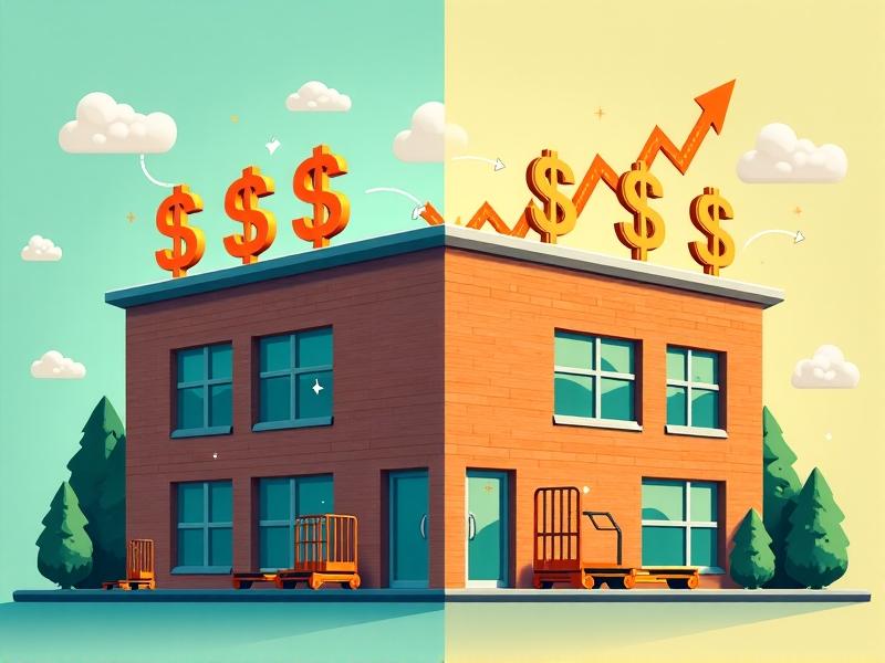 A split-image infographic: left side shows a static warehouse building with dollar signs on its roof (fixed costs), and the right side depicts fluctuating graphs, pallet jacks, and electricity meters (variable costs). The contrast uses warm oranges for variables and cool greens for fixed expenses.