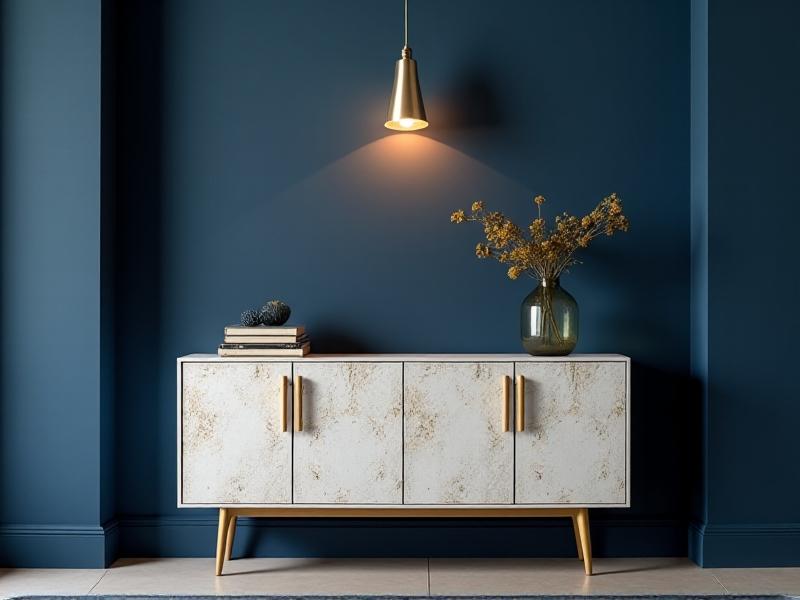 A mid-century modern dresser revitalized with crackled white paint and gold leaf accents, placed against a navy-blue wall under a minimalist pendant light, exuding eclectic elegance.