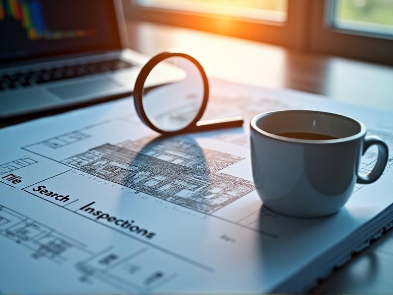 A magnifying glass hovering over a property blueprint, with a checklist titled 'Title Search' and 'Inspections' visible beside it. The workspace includes a laptop displaying a 3D building scan and a coffee cup, suggesting meticulous analysis. Soft natural lighting from a nearby window underscores clarity and attention to detail.