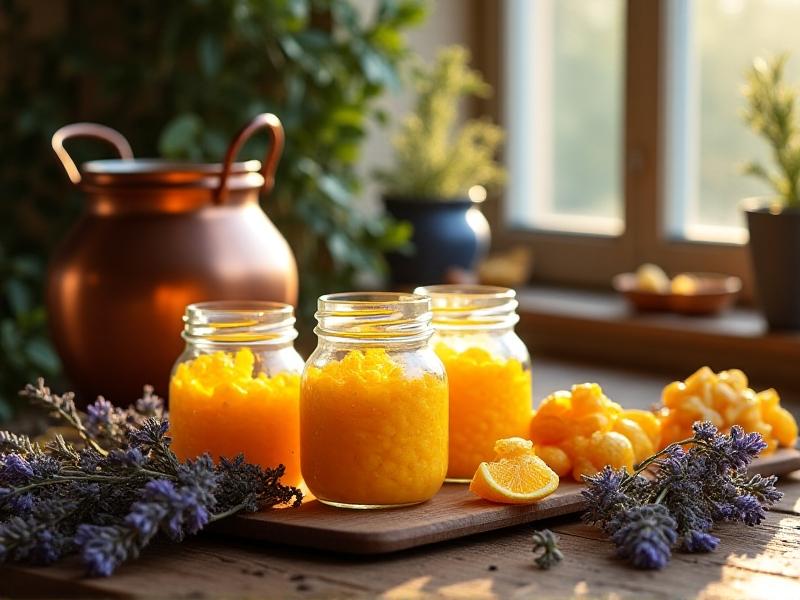 A rustic wooden table with glass jars of golden beeswax pellets, dried lavender sprigs, and citrus peels beside a vintage copper double boiler, bathed in warm sunlight through a farmhouse window, evoking homemade simplicity and natural craftsmanship.
