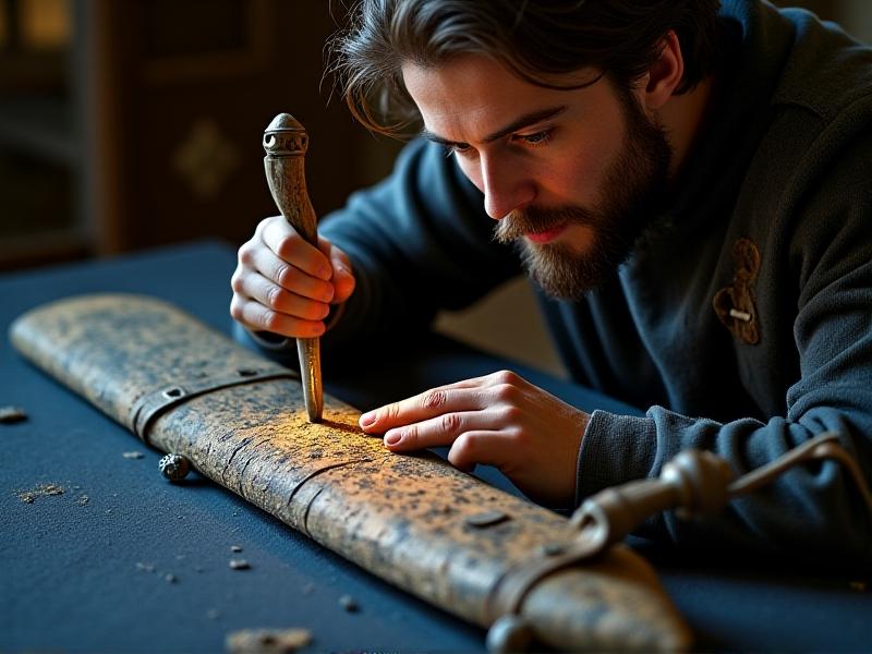 A conservator’s gloved hands gently cleaning a mud-caked medieval sword with soft brushes. The partially restored blade reveals intricate Damascus steel patterns under museum-grade LED lights, contrasting with still-dirty hilt wrapped in decaying leather.