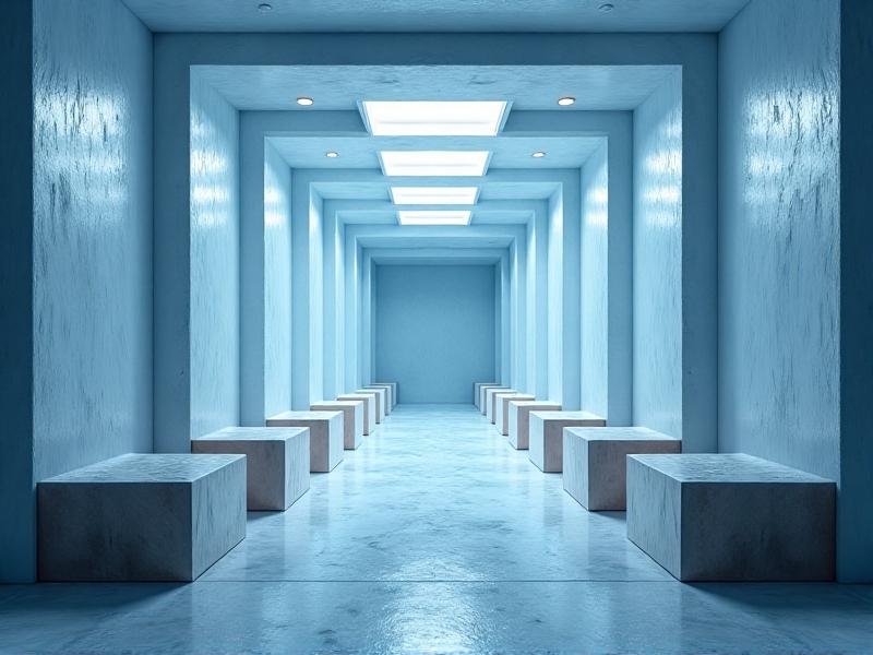 A modern industrial freezer with wooden furniture pieces inside, surrounded by frost-covered walls. The image conveys a clinical, frosty atmosphere with blue-tinted lighting, emphasizing the subzero temperatures required to neutralize wood-boring insect infestations effectively.