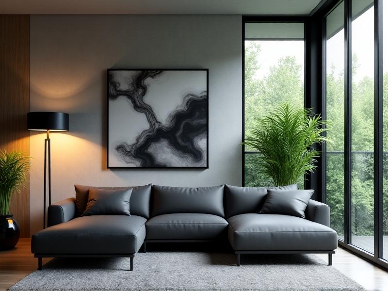 A minimalist living room with a charcoal sectional, black metal floor lamp, and abstract art in monochrome. Large windows frame a lush garden, blending indoor and outdoor elements. The image emphasizes harmony through restrained color palettes and strategic texture contrasts.