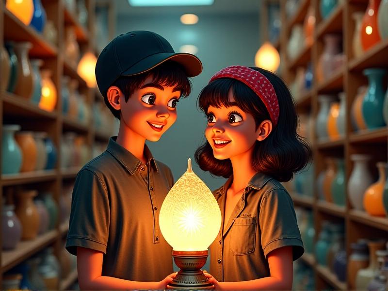 Two people laughing while examining a retro lamp at a thrift store, surrounded by shelves of assorted ceramics and books, warm overhead lighting casting soft shadows, capturing shared discovery.