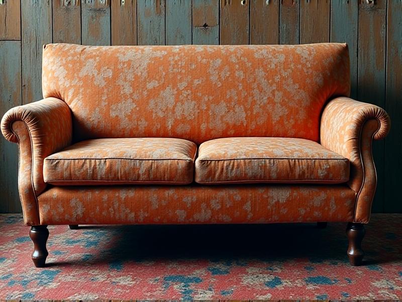 A detailed collage of common upholstery flaws: a split seam on a floral sofa, rusted springs beneath a chair, and discolored fabric with water stains. Each flaw is labeled with handwritten notes, emphasizing analytical problem-solving in a rustic workshop setting.