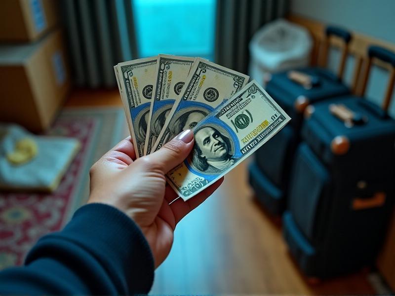 A buyer’s hand extends crisp $20 bills toward a seller’s palm, with a half-packed moving box and rolled Persian rug in the foreground, overhead fluorescent lighting creating stark contrasts.