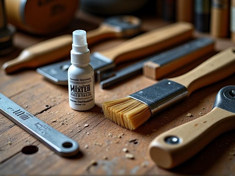 A well-organized toolkit on a weathered workbench featuring silicone lubricant spray, a brass-bristled brush, carpenter’s square, and adjustable wrench. The composition includes macro details like droplets of lubricant mid-air and wood shavings, with soft directional lighting creating a practical, hands-on atmosphere.