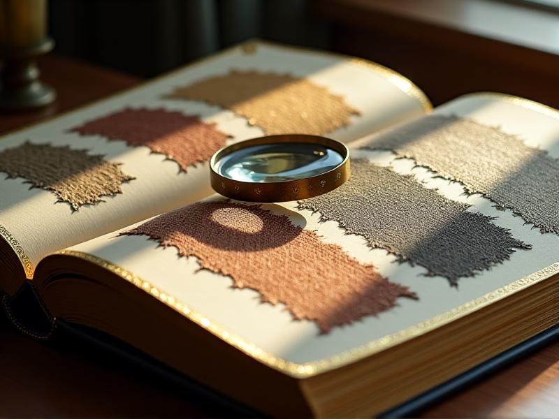 A swatch book open to display fabric samples ranging from burlap to silk, with a magnifying glass highlighting weave patterns. Sunlight glints off a spilled water droplet on one sample, demonstrating absorption differences.