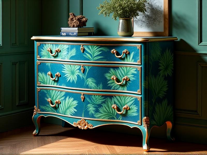 A vintage chest of drawers transformed with decoupage: oversized tropical botanicals in emerald and sapphire cover the surface, accented by hand-gilded edges. Ambient lighting highlights the high-gloss finish and lush details.