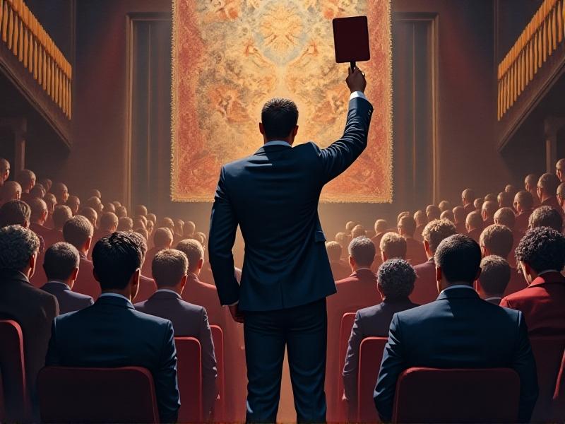 A determined bidder in a sharp suit raising a paddle confidently amid a crowded auction room, with spotlight beams highlighting their stance. The atmosphere is charged, rendered in high-contrast oil painting style with bold brushstrokes and vibrant red accents symbolizing power and urgency.