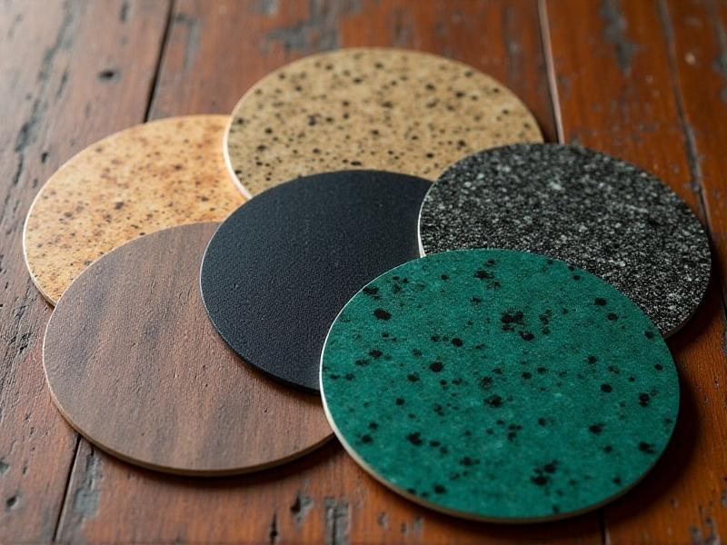A collage of laminate swatches in varied finishes: weathered oak, matte black, terrazzo-inspired speckles, and glossy emerald green. Each sample shows unique texture details under soft studio lighting, arranged on a rustic wooden table.