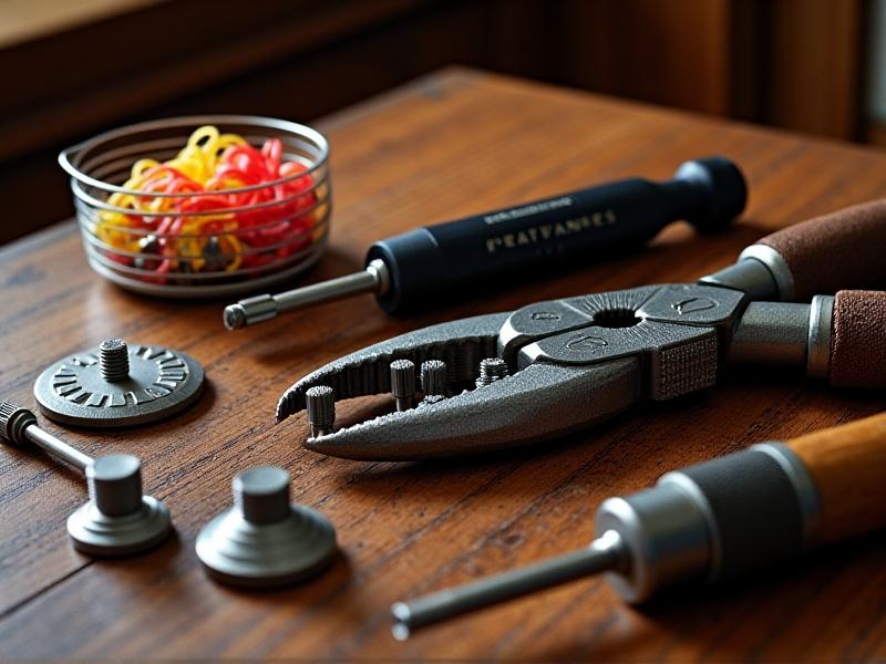 An organized array of stripped screw repair tools on a vintage wooden table, including rubber bands, locking pliers, a manual screw extractor kit, and a rotary tool. Warm amber lighting casts subtle shadows, emphasizing the tools’ metallic textures and practicality.