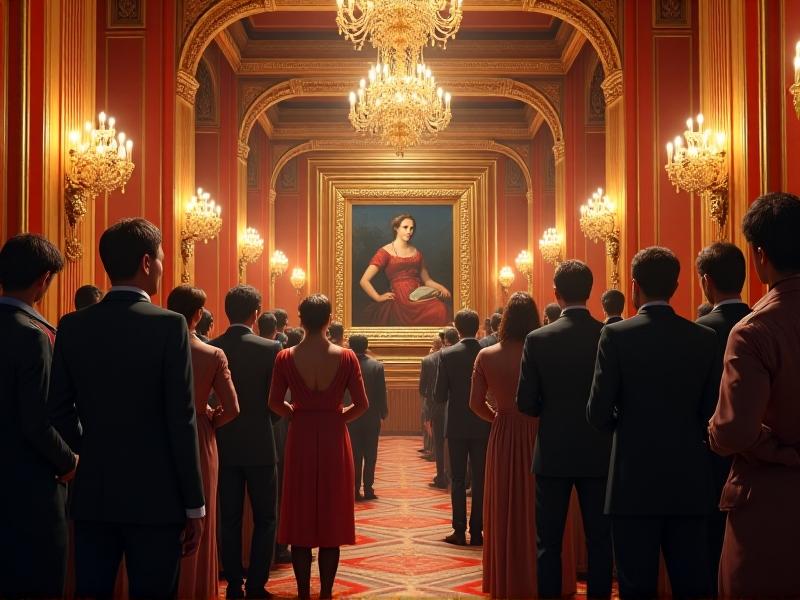 A crowded auction hall with gilded frames adorning the walls. A spotlight focuses on a Renaissance-era painting displayed on an easel, while a digital screen beside it projects a blockchain verification timeline. Attendees in formal attire hold paddles, their faces reflecting anticipation and scrutiny.