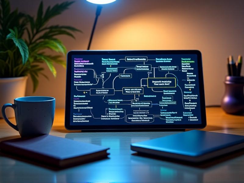 A digital tablet displaying a colorful flowchart with decision nodes like 'Is repair cost <50% of replacement?' and 'Does outdated hardware pose security risks?' against a minimalist desk setup with coffee mug and notebook.