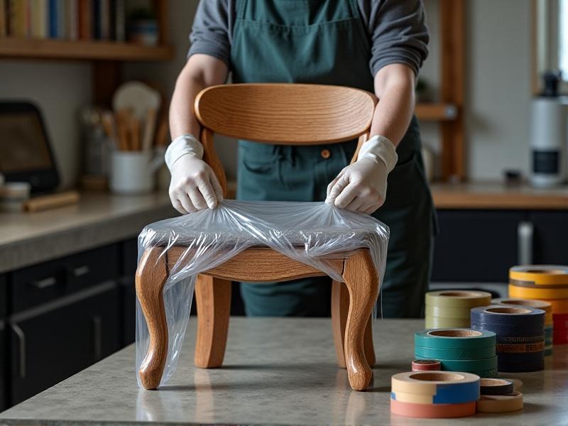 A person wearing gloves carefully wrapping a vintage wooden chair in plastic wrap, preparing it for freezer treatment. The workspace is clean and organized, with tools like sealing tape and a temperature monitor visible in the background, illustrating meticulous preparation to prevent moisture damage during the freezing process.