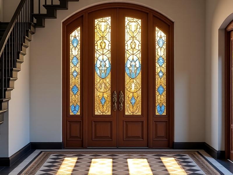 An ornate Victorian-era oak door with stained glass insets installed in a contemporary foyer with white walls and a floating staircase. Afternoon light filters through the door’s amber and cobalt glass panels, casting colorful patterns on a geometric black-and-white tile floor.