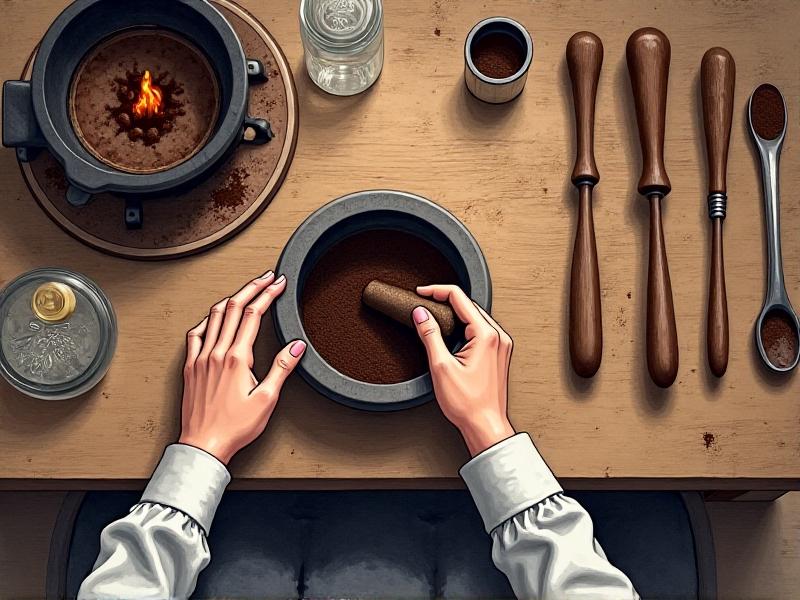 A hands-on process of preparing coffee stain: a mortar and pestle grinding dried coffee grounds into a fine powder, with a simmering pot of coffee dye in the background. Kitchen tools like measuring cups and jars are neatly arranged on a wooden countertop.
