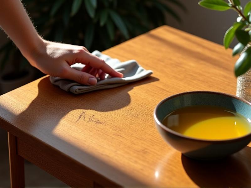 A hand applying a mixture of olive oil and vinegar to a scratched veneer coffee table using a soft cloth. The scratch gradually fades under focused task lighting, with a bowl of the solution nearby.