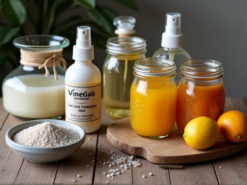 A rustic wooden tabletop displaying DIY cleaning ingredients: citrus fruits, spray bottles, white vinegar, baking soda, mason jars, and a small bowl of coarse salt. Soft diffused lighting creates a warm, inviting mood, emphasizing natural and sustainable living. The arrangement suggests simplicity and accessibility for homemade projects.