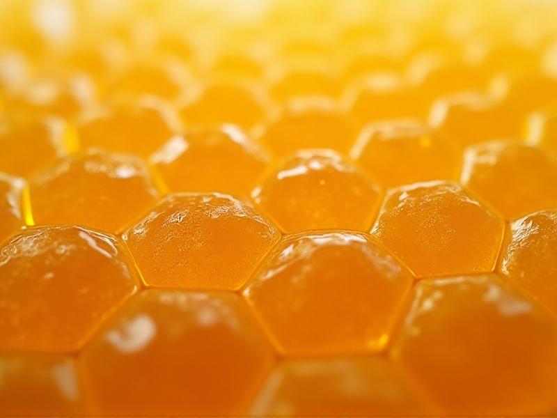 A macro photograph of beeswax crystals under a microscope, showcasing intricate hexagonal structures in amber hues, illuminated by backlighting to emphasize their organic complexity and natural durability.