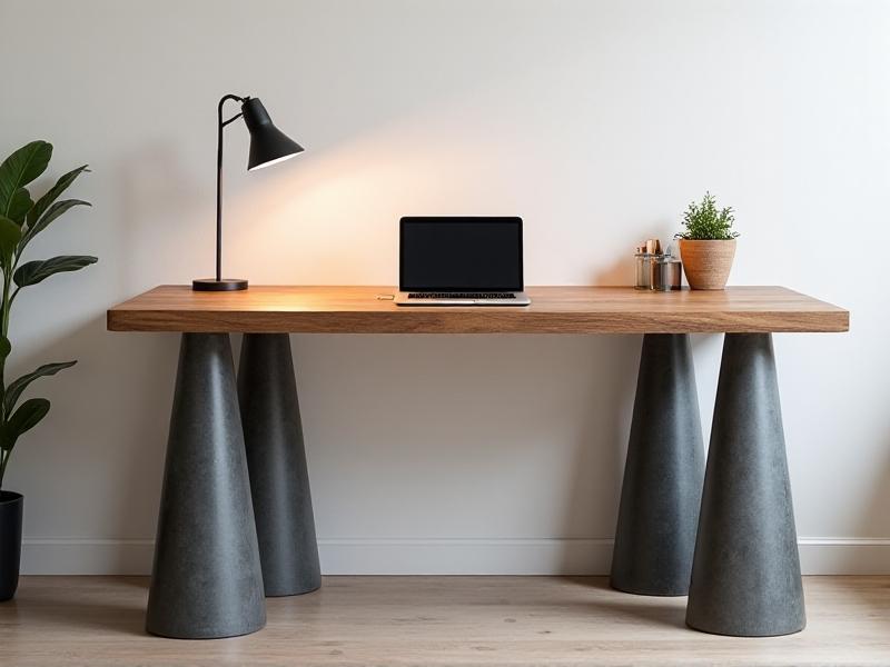 Side-by-side comparison: A worn oak desk with chipped block legs transforms into a sleek workstation with polished concrete cone-shaped legs. The after image shows the desk in a modern home office, backlit by LED strips that accentuate the legs’ textured surface against white walls.