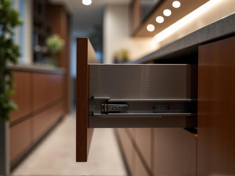 A modern kitchen drawer with soft-close undermount runner in action, captured mid-glide. The brushed steel mechanism contrasts with walnut cabinetry, while motion blur emphasizes smooth deceleration. Overhead recessed lighting creates clean reflections on the hardware’s precision-engineered surface.