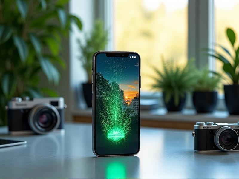 A smartphone screen displaying a crumbling photo being digitally restored in real-time, with glowing green progress bars and fractal-like patterns animating the cleanup process, set against a bright, modern workspace with plants and vintage cameras in the background, using vibrant gradients to convey accessibility and speed.