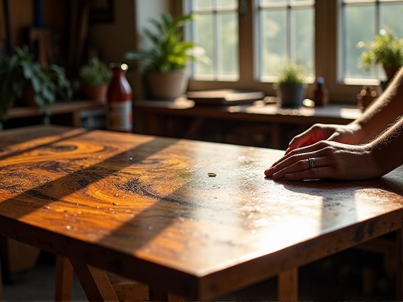A artisan sanding a coffee composite tabletop with visible swirls of dark coffee grounds in a honey-colored resin. Sunlight streams through a workshop window, highlighting the material’s organic texture. Woodworking tools lie scattered nearby, evoking craftsmanship and sustainability.