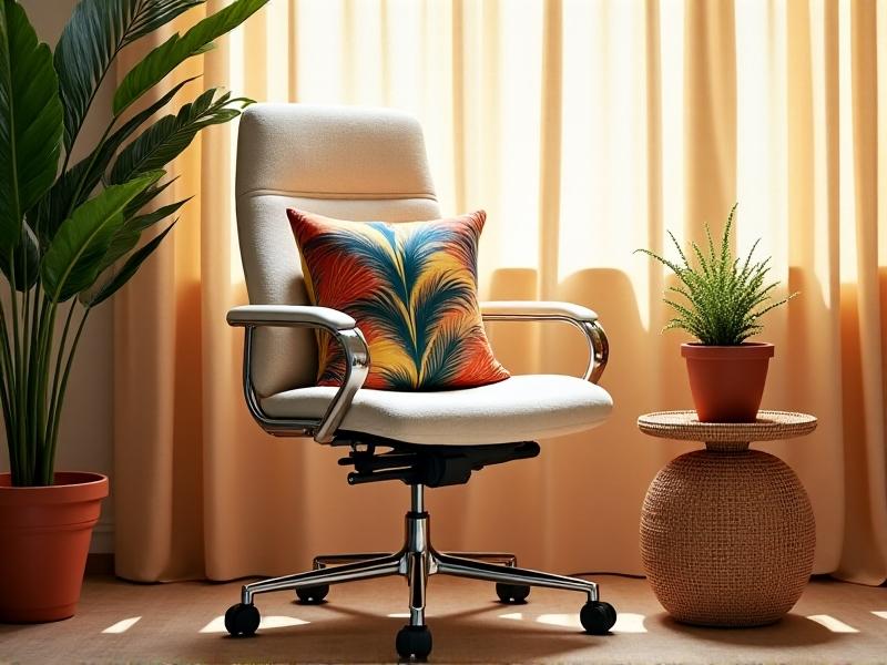 A 1990s ergonomic office chair reupholstered in cream linen fabric, placed beside a palm leaf-printed pillow and a rattan side table holding a terracotta pot with a succulent, bathed in warm sunlight filtering through sheer curtains, merging retro functionality with bohemian relaxation.