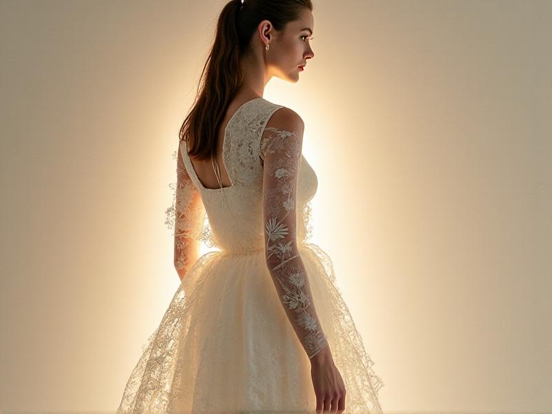 A model wearing a sculptural white gown with layered, translucent fabrics and laser-cut floral patterns. Soft backlighting highlights the garment’s intricate dimensionality, blending futuristic craftsmanship with organic motifs.
