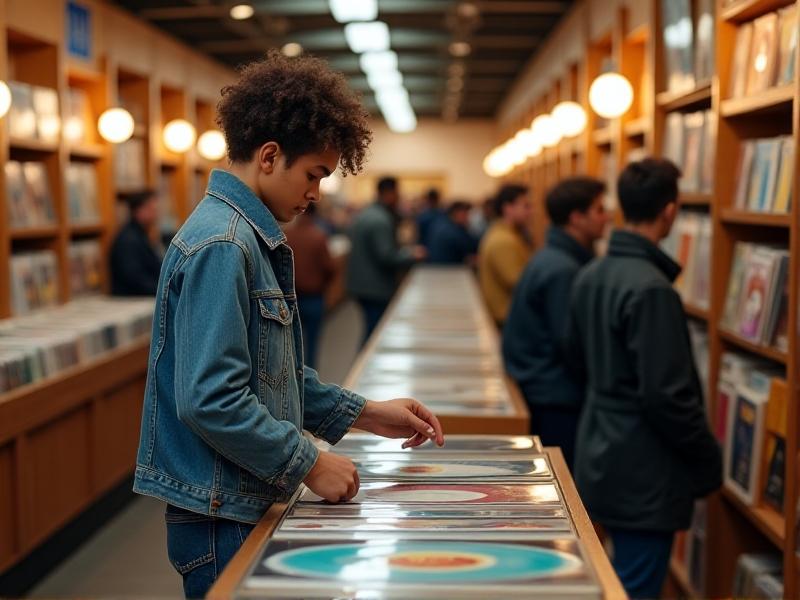 A person in a denim jacket delicately placing vinyl records into a bin, other shoppers blurred in the background, emphasizing respectful engagement in a bustling store.